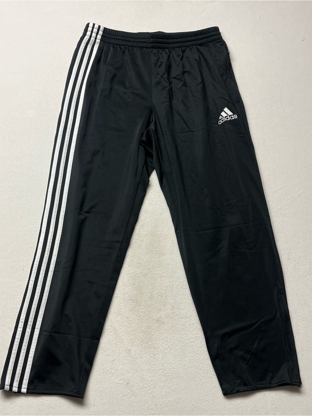 adidas Men’s 32 Black Track Pants White 3-Stripes Drawstring Pockets 32”